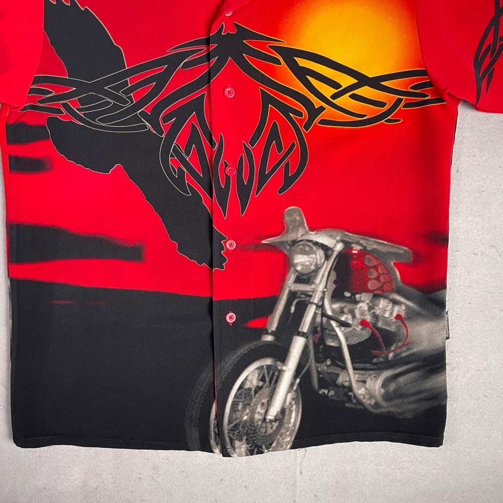 Dragonfly Motorcycle Button Up Shirt Graphic Print Short Sleeve Red L - Picture 3 of 9
